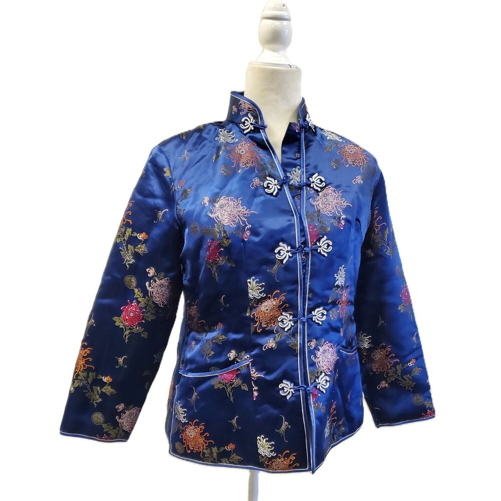 Peony Shanghai China Royal Blue Silk Embroidered Tangzhuang Jacket L